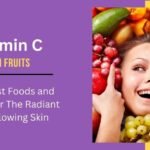 A smiling woman surrounded by colorful fruits, including grapes, oranges, and vegetables, promoting vitamin C-rich foods for radiant and glowing skin. The text highlights the best and worst foods for skin health