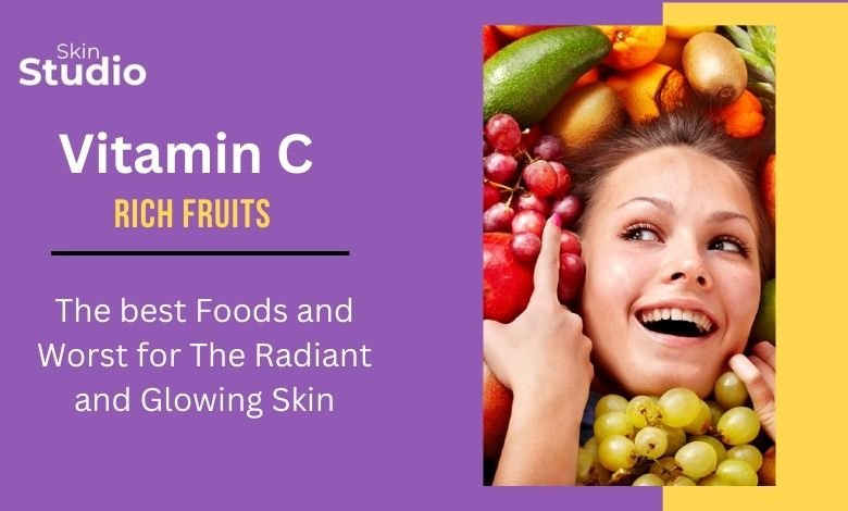 A smiling woman surrounded by colorful fruits, including grapes, oranges, and vegetables, promoting vitamin C-rich foods for radiant and glowing skin. The text highlights the best and worst foods for skin health