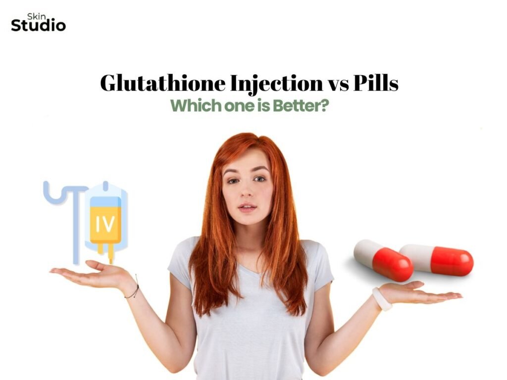 A woman showing the difference between glutathione injection vs pills