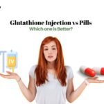 A woman showing the difference between glutathione injection vs pills