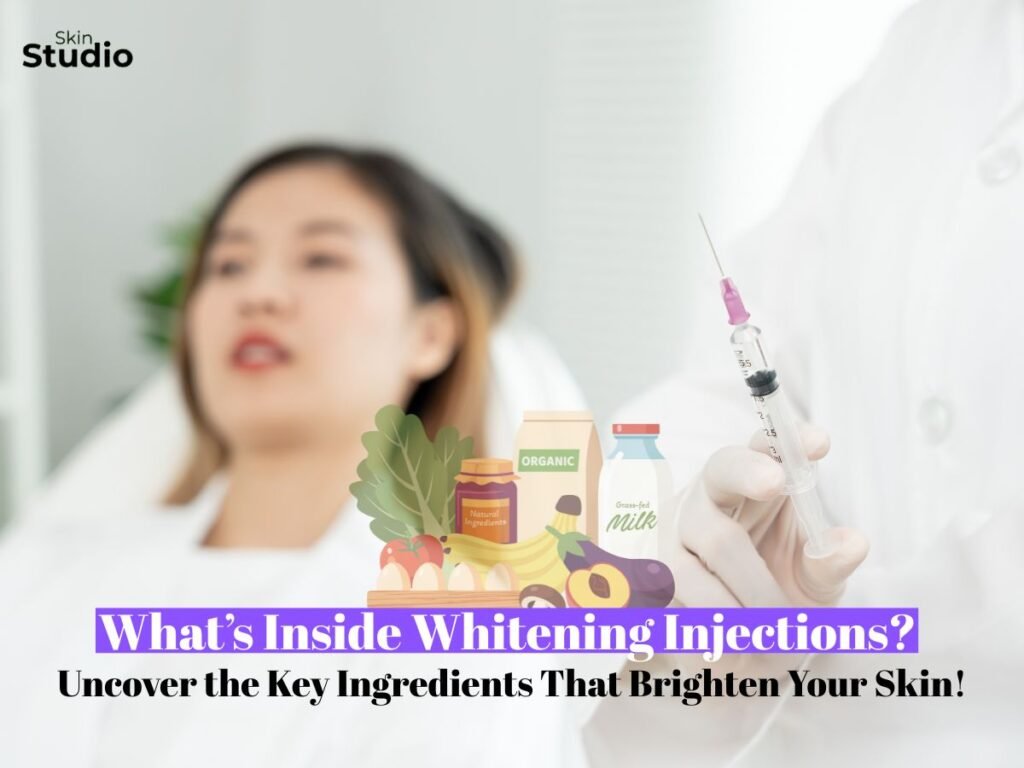 Doctor holding a syringe near a patient, representing key ingredients used in whitening injections for brighter skin at Skin Studio.